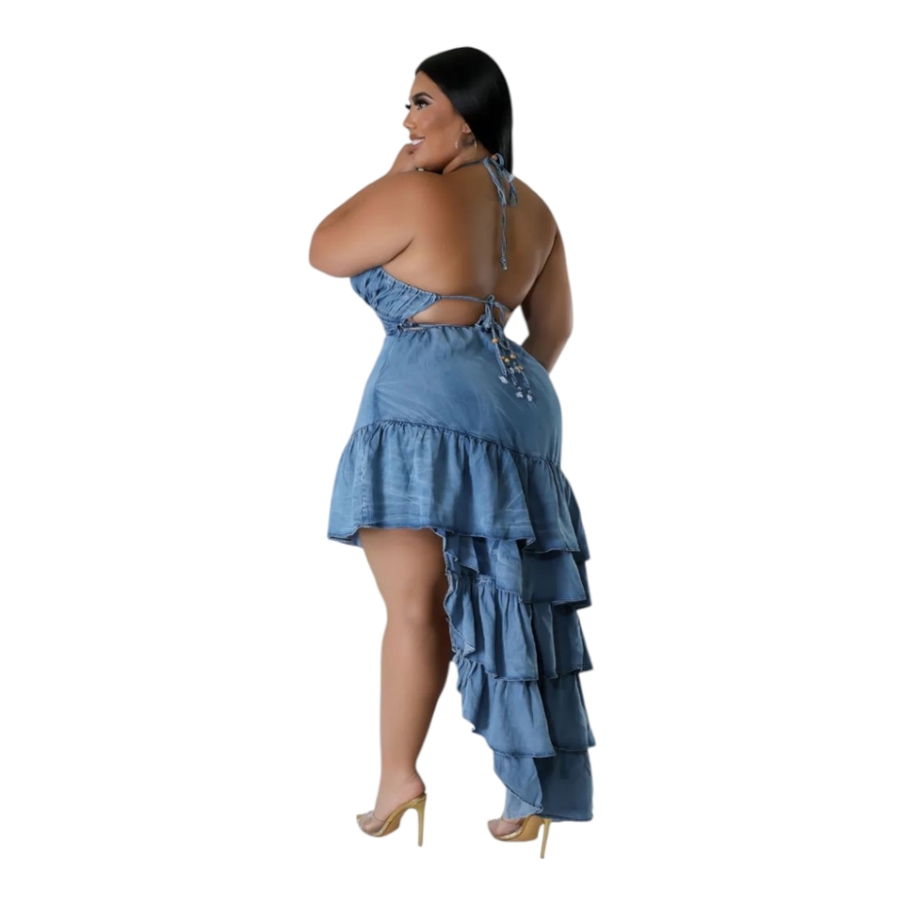 Blue Asymmetrical Ruffled Backless Jeans Plus Size - Picture 8 of 12